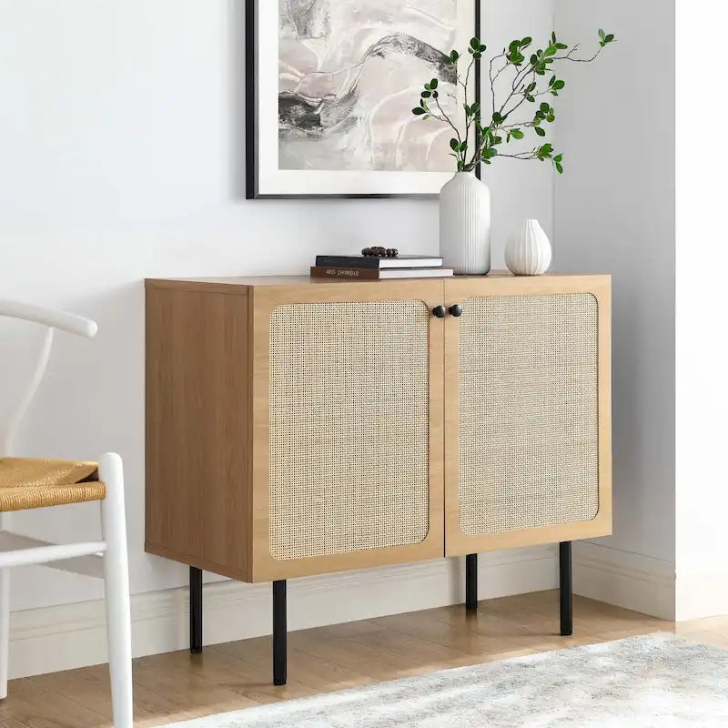 Meuble d'appoint en rotin – Noir/Chêne, Grain de bois, Pieds réglables