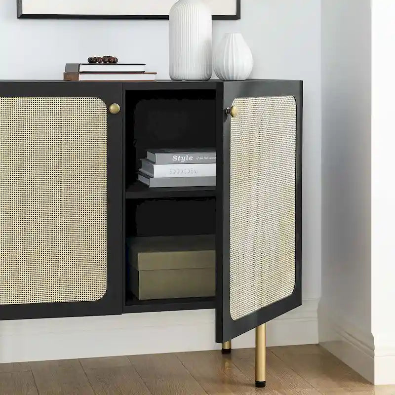 Meuble d'appoint en rotin – Noir/Chêne, Grain de bois, Pieds réglables