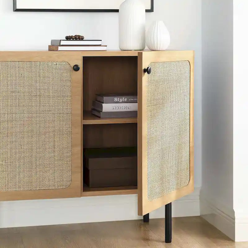 Meuble d'appoint en rotin – Noir/Chêne, Grain de bois, Pieds réglables
