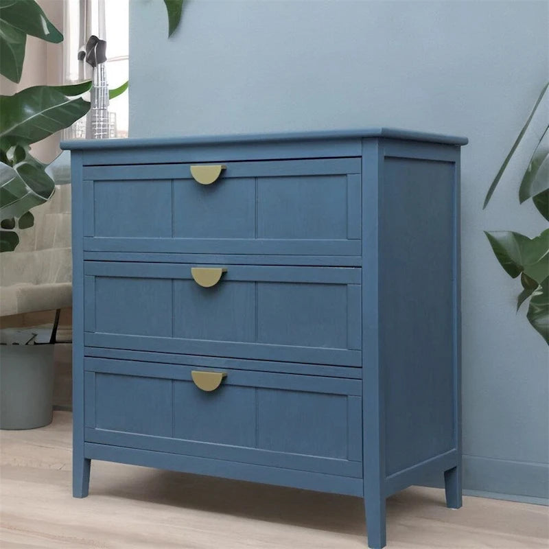 Commode à 3 tiroirs avec finition grain de bois et patins antidérapants – Bleu, MDF, Coulisses pré-installées