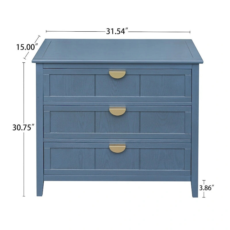 Commode à 3 tiroirs avec finition grain de bois et patins antidérapants – Bleu, MDF, Coulisses pré-installées