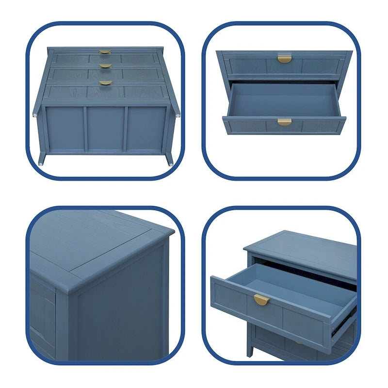 Commode à 3 tiroirs avec finition grain de bois et patins antidérapants – Bleu, MDF, Coulisses pré-installées