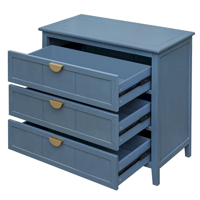 Commode à 3 tiroirs avec finition grain de bois et patins antidérapants – Bleu, MDF, Coulisses pré-installées