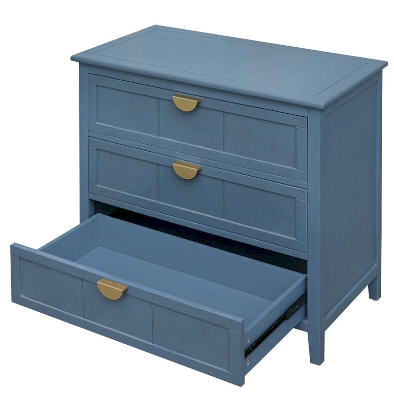 Commode à 3 tiroirs avec finition grain de bois et patins antidérapants – Bleu, MDF, Coulisses pré-installées
