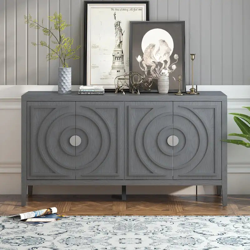 Buffet 4 portes avec rainures circulaires et poignées rondes en métal – Noir / Gris / Bleu antique / Blanc, en bois d'hévéa et acacia