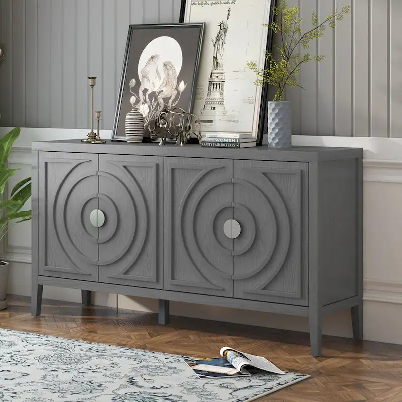 Buffet 4 portes avec rainures circulaires et poignées rondes en métal – Noir / Gris / Bleu antique / Blanc, en bois d'hévéa et acacia
