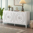 Buffet 4 portes avec rainures circulaires et poignées rondes en métal – Noir / Gris / Bleu antique / Blanc, en bois d'hévéa et acacia