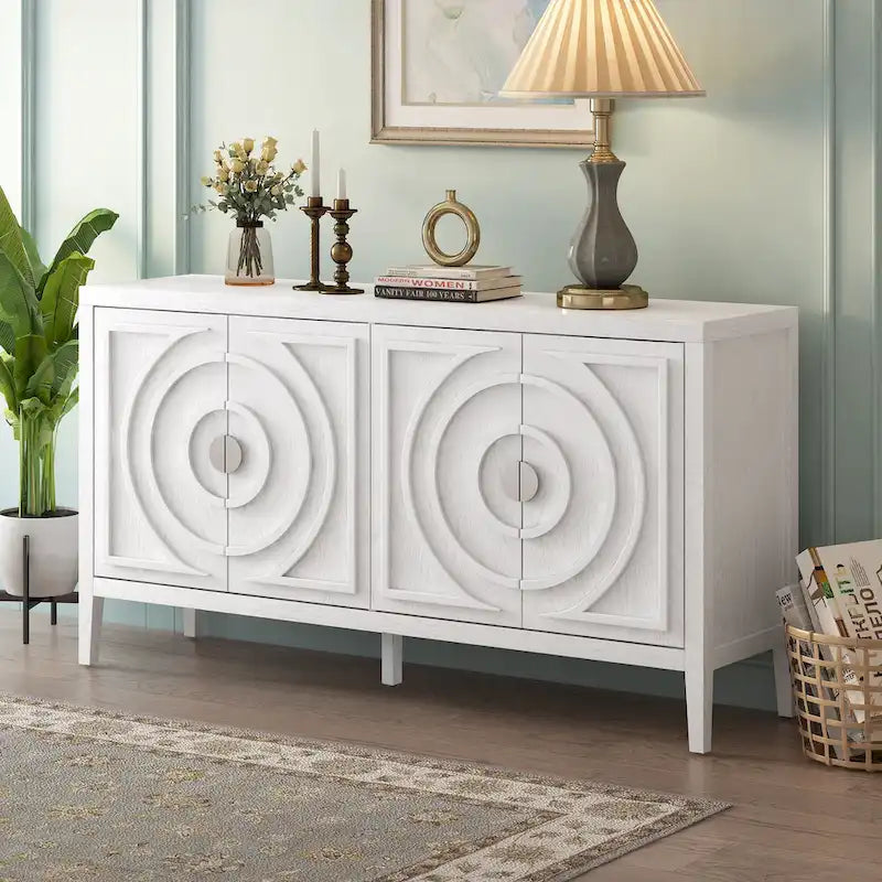 Buffet 4 portes avec rainures circulaires et poignées rondes en métal – Noir / Gris / Bleu antique / Blanc, en bois d'hévéa et acacia