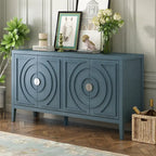 Buffet 4 portes avec rainures circulaires et poignées rondes en métal – Noir / Gris / Bleu antique / Blanc, en bois d'hévéa et acacia