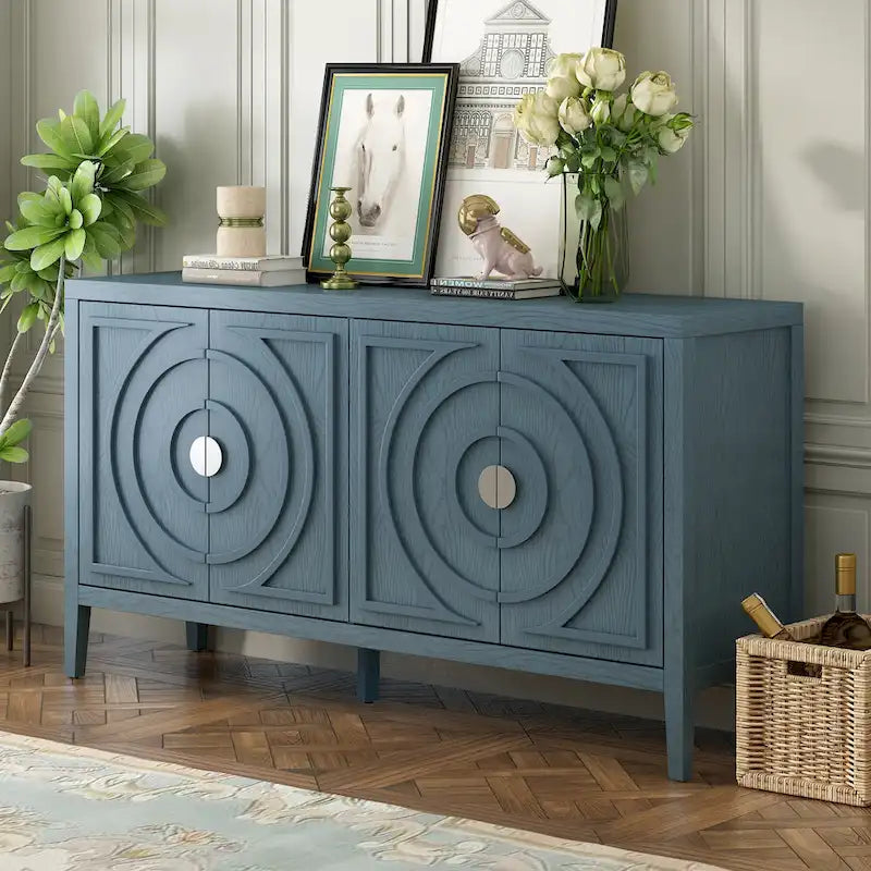 Buffet 4 portes avec rainures circulaires et poignées rondes en métal – Noir / Gris / Bleu antique / Blanc, en bois d'hévéa et acacia