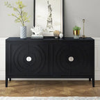 Buffet 4 portes avec rainures circulaires et poignées rondes en métal – Noir / Gris / Bleu antique / Blanc, en bois d'hévéa et acacia