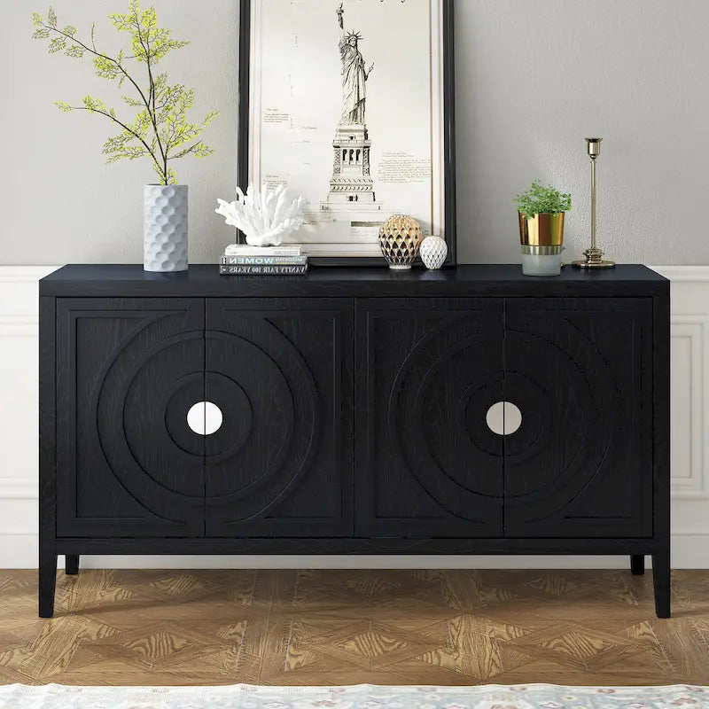 Buffet 4 portes avec rainures circulaires et poignées rondes en métal – Noir / Gris / Bleu antique / Blanc, en bois d'hévéa et acacia