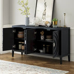 Buffet 4 portes avec rainures circulaires et poignées rondes en métal – Noir / Gris / Bleu antique / Blanc, en bois d'hévéa et acacia