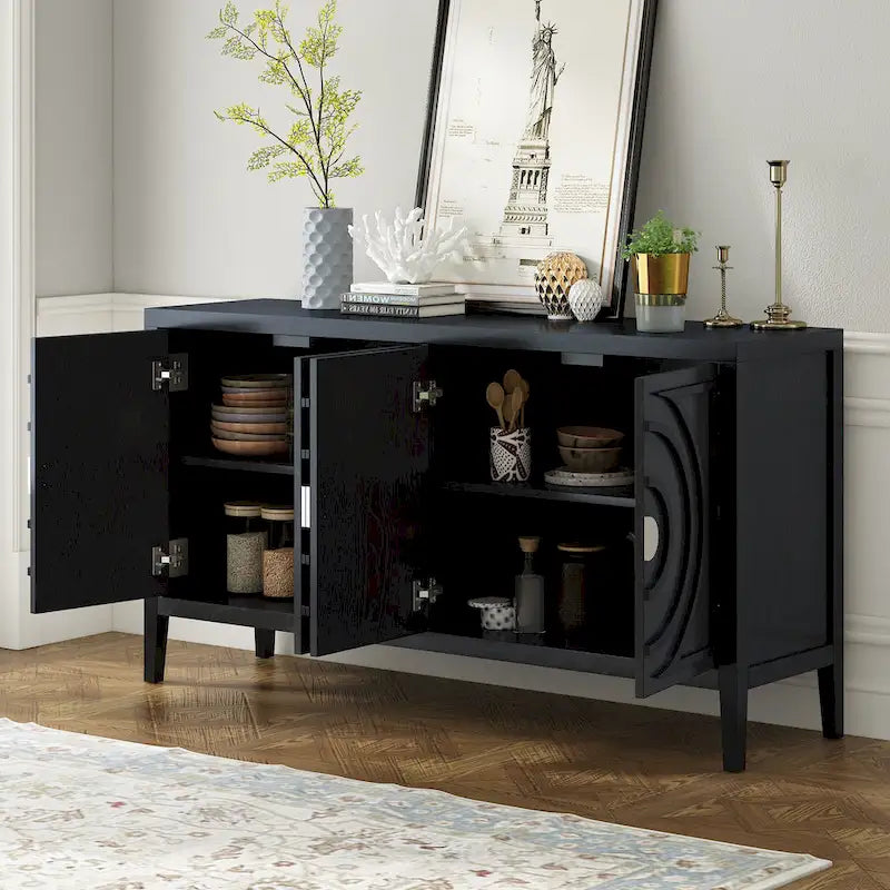 Buffet 4 portes avec rainures circulaires et poignées rondes en métal – Noir / Gris / Bleu antique / Blanc, en bois d'hévéa et acacia