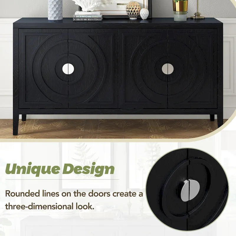 Buffet 4 portes avec rainures circulaires et poignées rondes en métal – Noir / Gris / Bleu antique / Blanc, en bois d'hévéa et acacia
