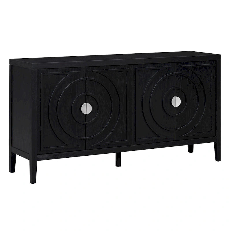 Buffet 4 portes avec rainures circulaires et poignées rondes en métal – Noir / Gris / Bleu antique / Blanc, en bois d'hévéa et acacia
