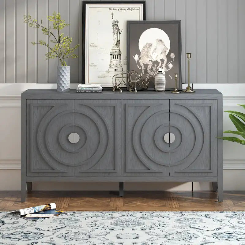 Buffet 4 portes avec rainures circulaires et poignées rondes en métal – Noir / Gris / Bleu antique / Blanc, en bois d'hévéa et acacia