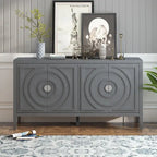 Buffet 4 portes avec rainures circulaires et poignées rondes en métal – Noir / Gris / Bleu antique / Blanc, en bois d'hévéa et acacia