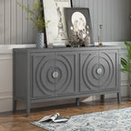 Buffet 4 portes avec rainures circulaires et poignées rondes en métal – Noir / Gris / Bleu antique / Blanc, en bois d'hévéa et acacia