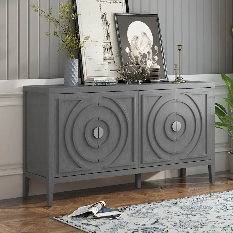 Buffet 4 portes avec rainures circulaires et poignées rondes en métal – Noir / Gris / Bleu antique / Blanc, en bois d'hévéa et acacia