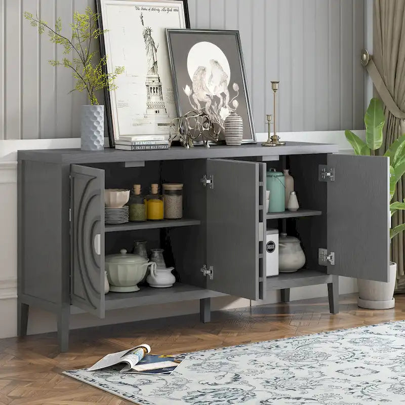 Buffet 4 portes avec rainures circulaires et poignées rondes en métal – Noir / Gris / Bleu antique / Blanc, en bois d'hévéa et acacia