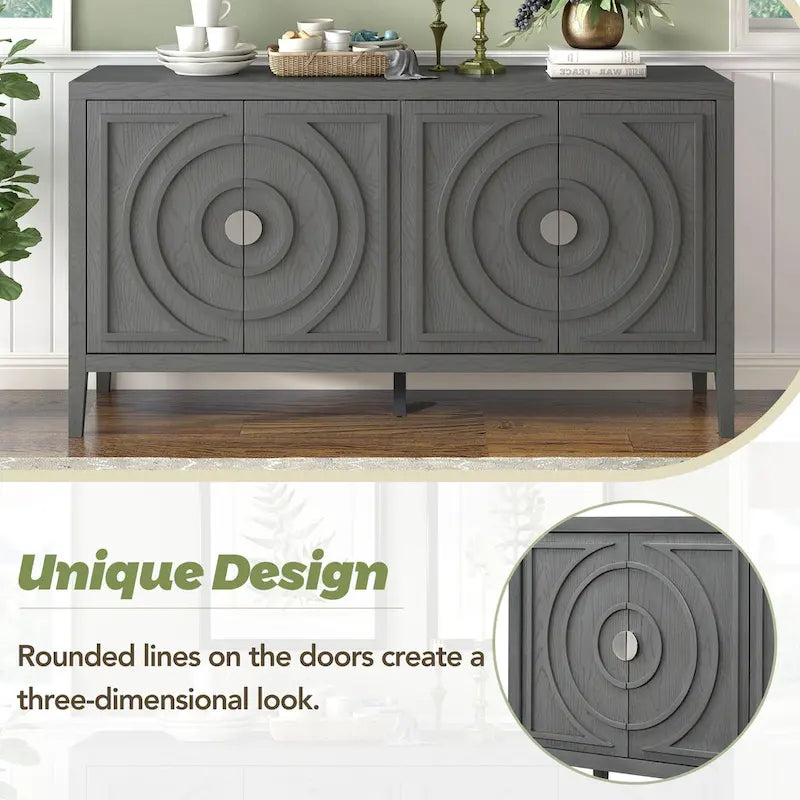 Buffet 4 portes avec rainures circulaires et poignées rondes en métal – Noir / Gris / Bleu antique / Blanc, en bois d'hévéa et acacia