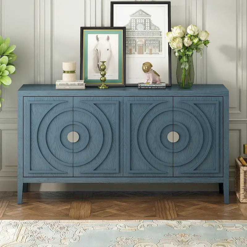 Buffet 4 portes avec rainures circulaires et poignées rondes en métal – Noir / Gris / Bleu antique / Blanc, en bois d'hévéa et acacia