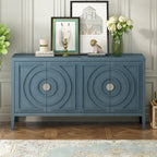 Buffet 4 portes avec rainures circulaires et poignées rondes en métal – Noir / Gris / Bleu antique / Blanc, en bois d'hévéa et acacia