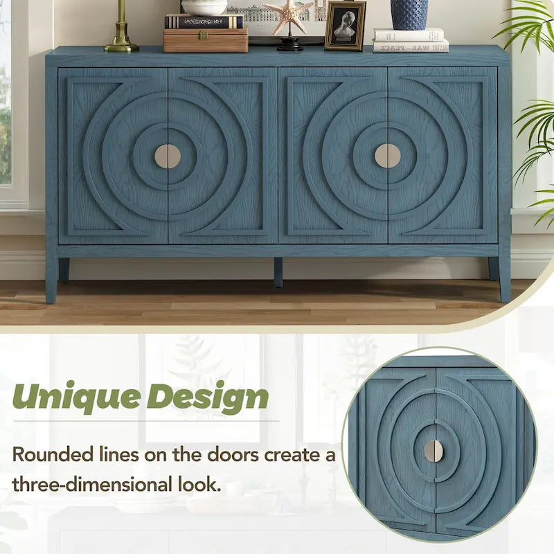 Buffet 4 portes avec rainures circulaires et poignées rondes en métal – Noir / Gris / Bleu antique / Blanc, en bois d'hévéa et acacia
