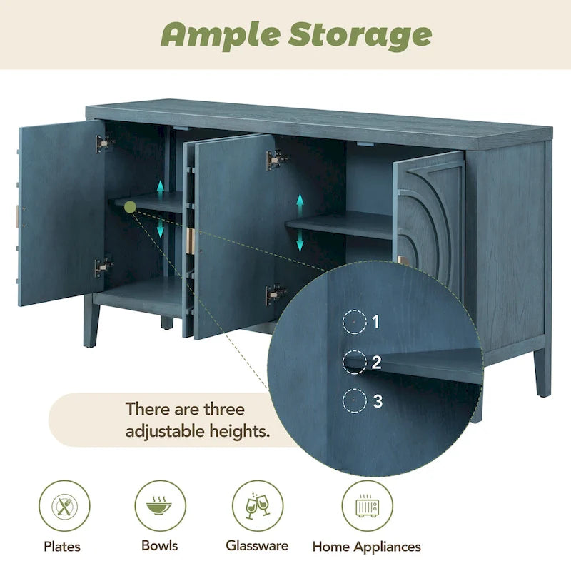 Buffet 4 portes avec rainures circulaires et poignées rondes en métal – Noir / Gris / Bleu antique / Blanc, en bois d'hévéa et acacia