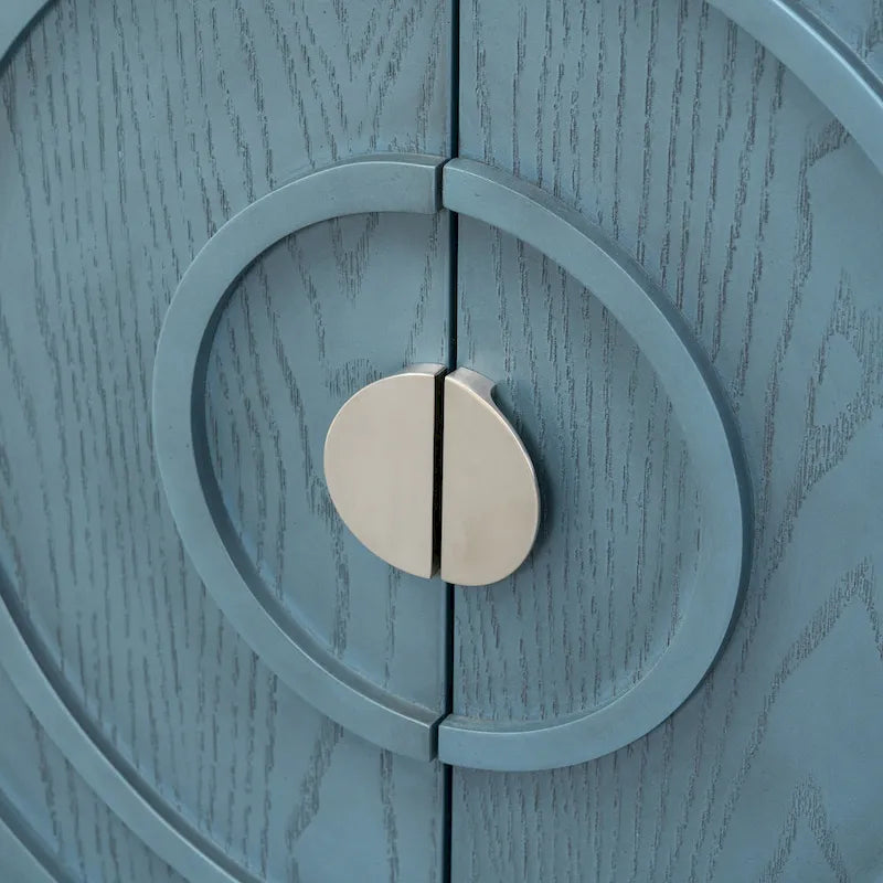 Buffet 4 portes avec rainures circulaires et poignées rondes en métal – Noir / Gris / Bleu antique / Blanc, en bois d'hévéa et acacia