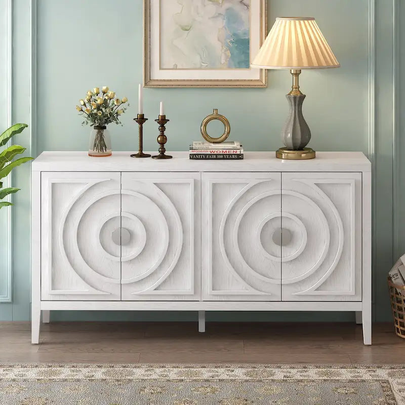 Buffet 4 portes avec rainures circulaires et poignées rondes en métal – Noir / Gris / Bleu antique / Blanc, en bois d'hévéa et acacia
