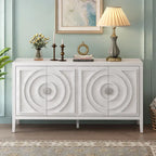 Buffet 4 portes avec rainures circulaires et poignées rondes en métal – Noir / Gris / Bleu antique / Blanc, en bois d'hévéa et acacia
