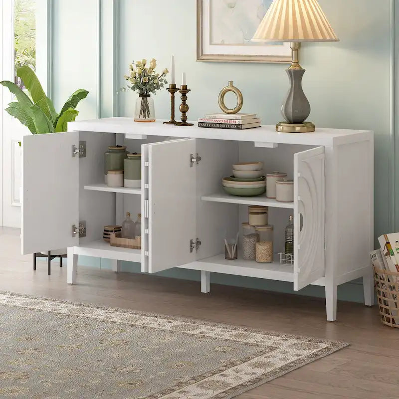 Buffet 4 portes avec rainures circulaires et poignées rondes en métal – Noir / Gris / Bleu antique / Blanc, en bois d'hévéa et acacia