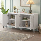 Buffet 4 portes avec rainures circulaires et poignées rondes en métal – Noir / Gris / Bleu antique / Blanc, en bois d'hévéa et acacia