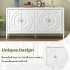 Buffet 4 portes avec rainures circulaires et poignées rondes en métal – Noir / Gris / Bleu antique / Blanc, en bois d'hévéa et acacia