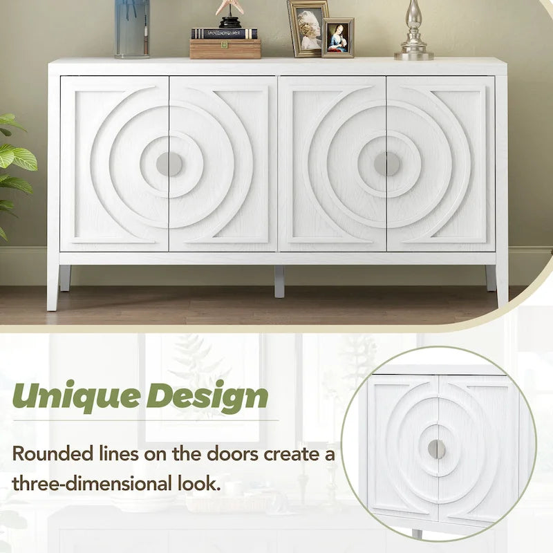 Buffet 4 portes avec rainures circulaires et poignées rondes en métal – Noir / Gris / Bleu antique / Blanc, en bois d'hévéa et acacia