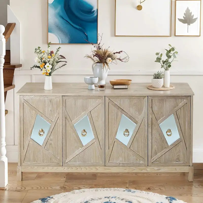 Buffet 4 portes avec portes à panneaux miroirs et poignées dorées – Gris / Bois, MDF et placage bois, pieds en bois massif