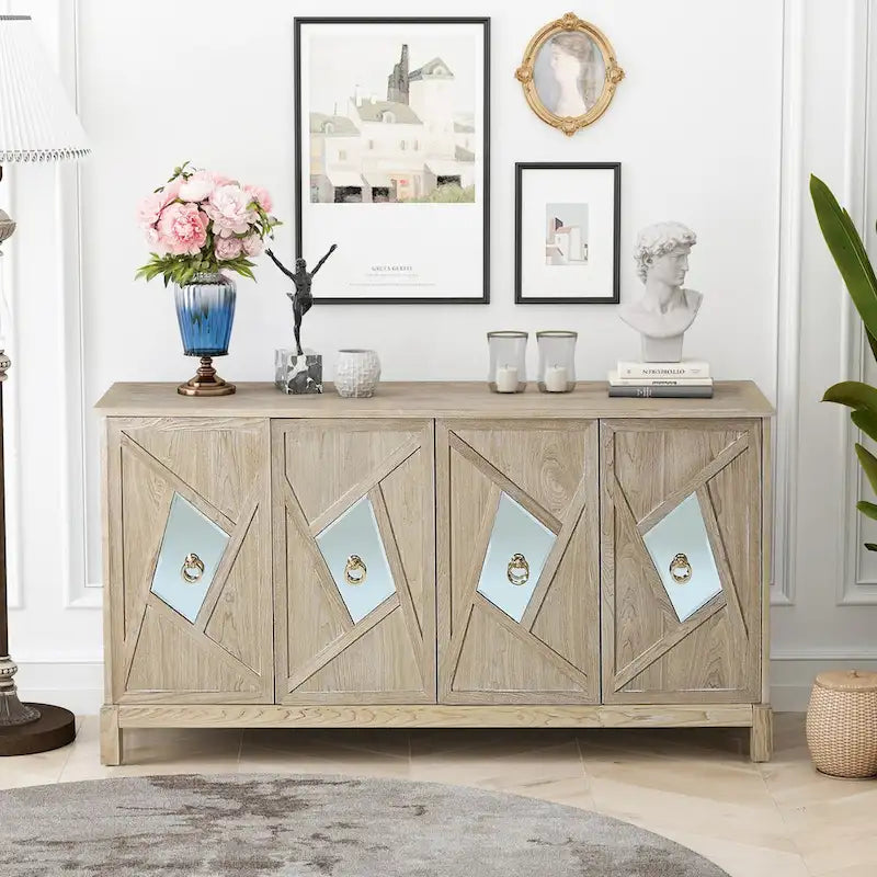 Buffet 4 portes avec portes à panneaux miroirs et poignées dorées – Gris / Bois, MDF et placage bois, pieds en bois massif