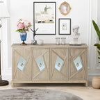 Buffet 4 portes avec portes à panneaux miroirs et poignées dorées – Gris / Bois, MDF et placage bois, pieds en bois massif