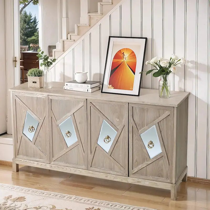 Buffet 4 portes avec portes à panneaux miroirs et poignées dorées – Gris / Bois, MDF et placage bois, pieds en bois massif