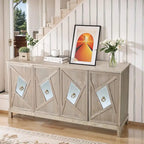 Buffet 4 portes avec portes à panneaux miroirs et poignées dorées – Gris / Bois, MDF et placage bois, pieds en bois massif