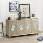 Buffet 4 portes avec portes à panneaux miroirs et poignées dorées – Gris / Bois, MDF et placage bois, pieds en bois massif