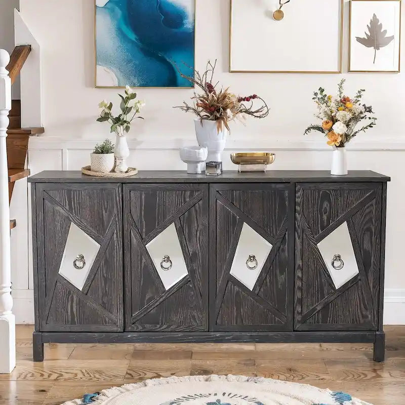 Buffet 4 portes avec portes à panneaux miroirs et poignées dorées – Gris / Bois, MDF et placage bois, pieds en bois massif