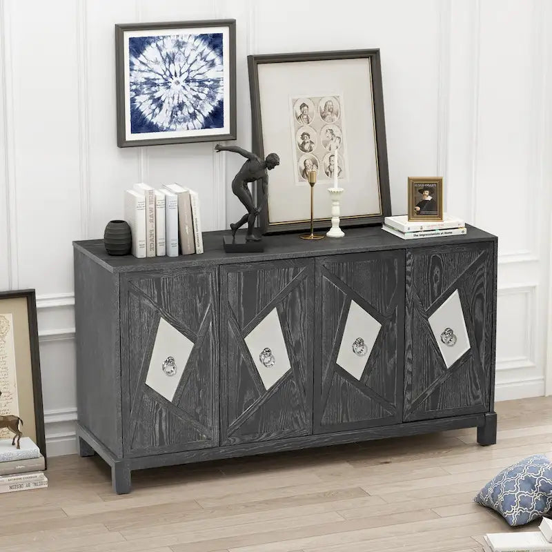 Buffet 4 portes avec portes à panneaux miroirs et poignées dorées – Gris / Bois, MDF et placage bois, pieds en bois massif