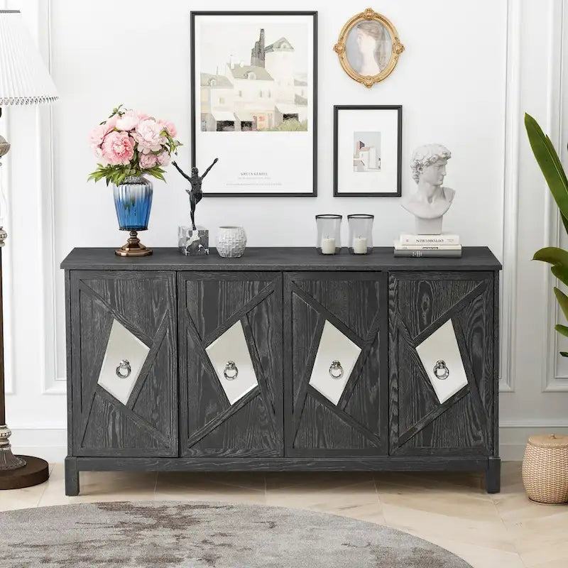 Buffet 4 portes avec portes à panneaux miroirs et poignées dorées – Gris / Bois, MDF et placage bois, pieds en bois massif