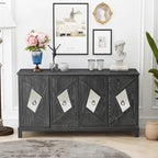 Buffet 4 portes avec portes à panneaux miroirs et poignées dorées – Gris / Bois, MDF et placage bois, pieds en bois massif