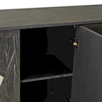 Buffet 4 portes avec portes à panneaux miroirs et poignées dorées – Gris / Bois, MDF et placage bois, pieds en bois massif