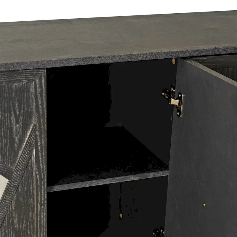 Buffet 4 portes avec portes à panneaux miroirs et poignées dorées – Gris / Bois, MDF et placage bois, pieds en bois massif