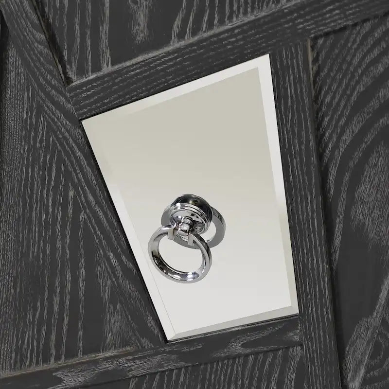 Buffet 4 portes avec portes à panneaux miroirs et poignées dorées – Gris / Bois, MDF et placage bois, pieds en bois massif